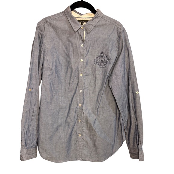 Chemistry Tops - CHEMISTRY Blue Chambray Embroidered Crest Long Sleeve Button Up Shirt Size L